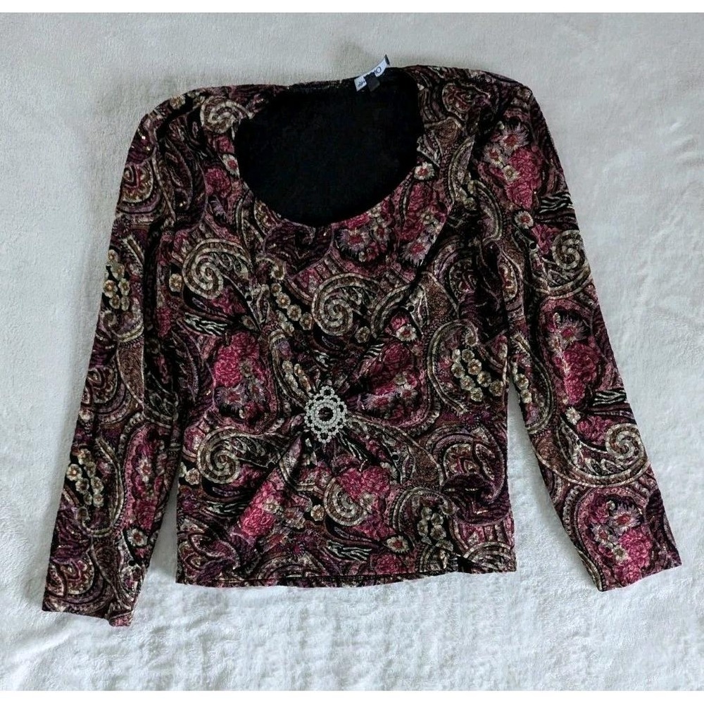 Vtg Y2K Blouse Burgundy Paisley Metallic Rhinestone Brooch Sz M Party Shimmer